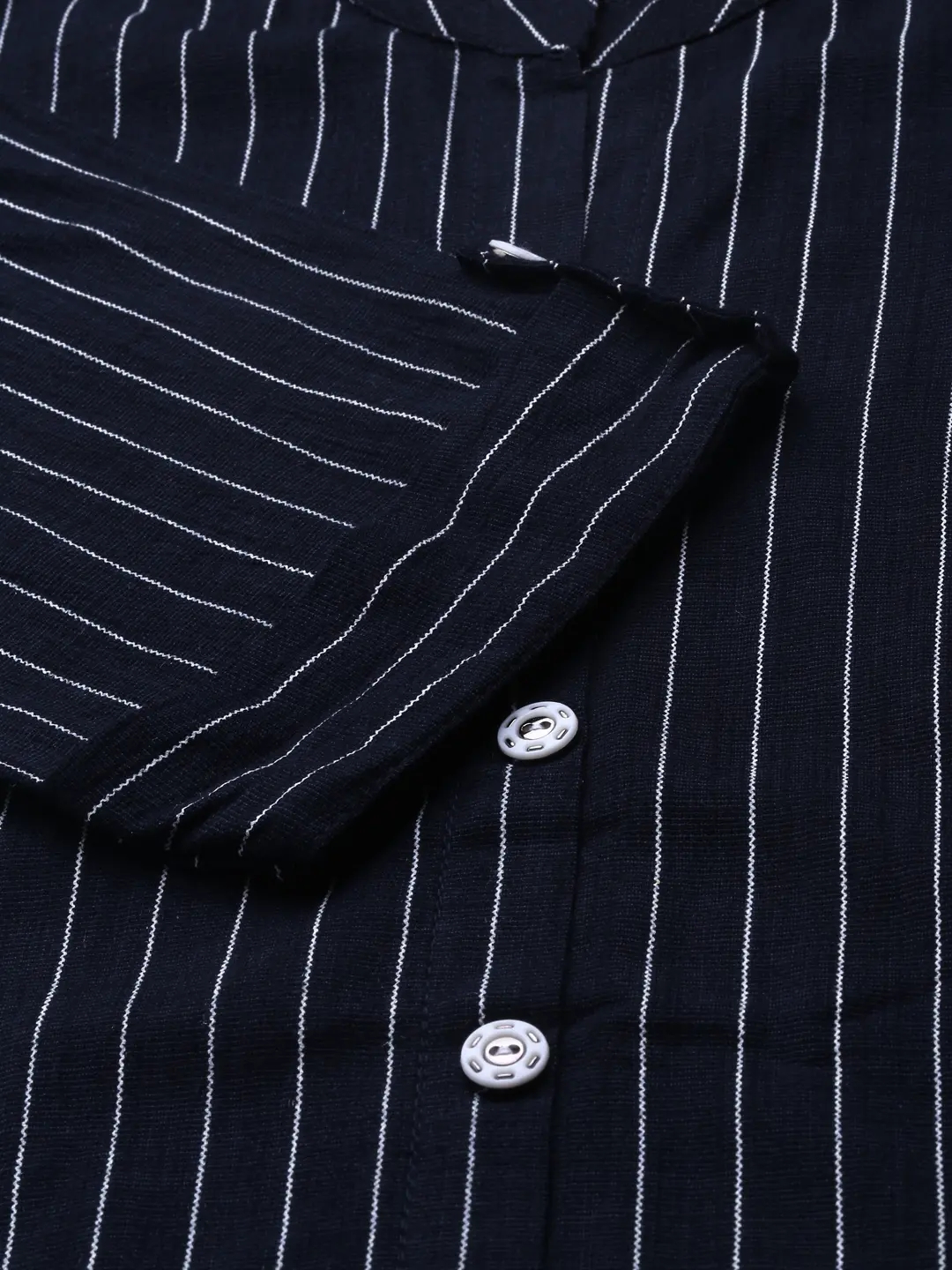 Showoff | SHOWOFF Women Navy Blue Striped Mandarin Collar Short Sleeves Mid Length Straight Kurta Set 2