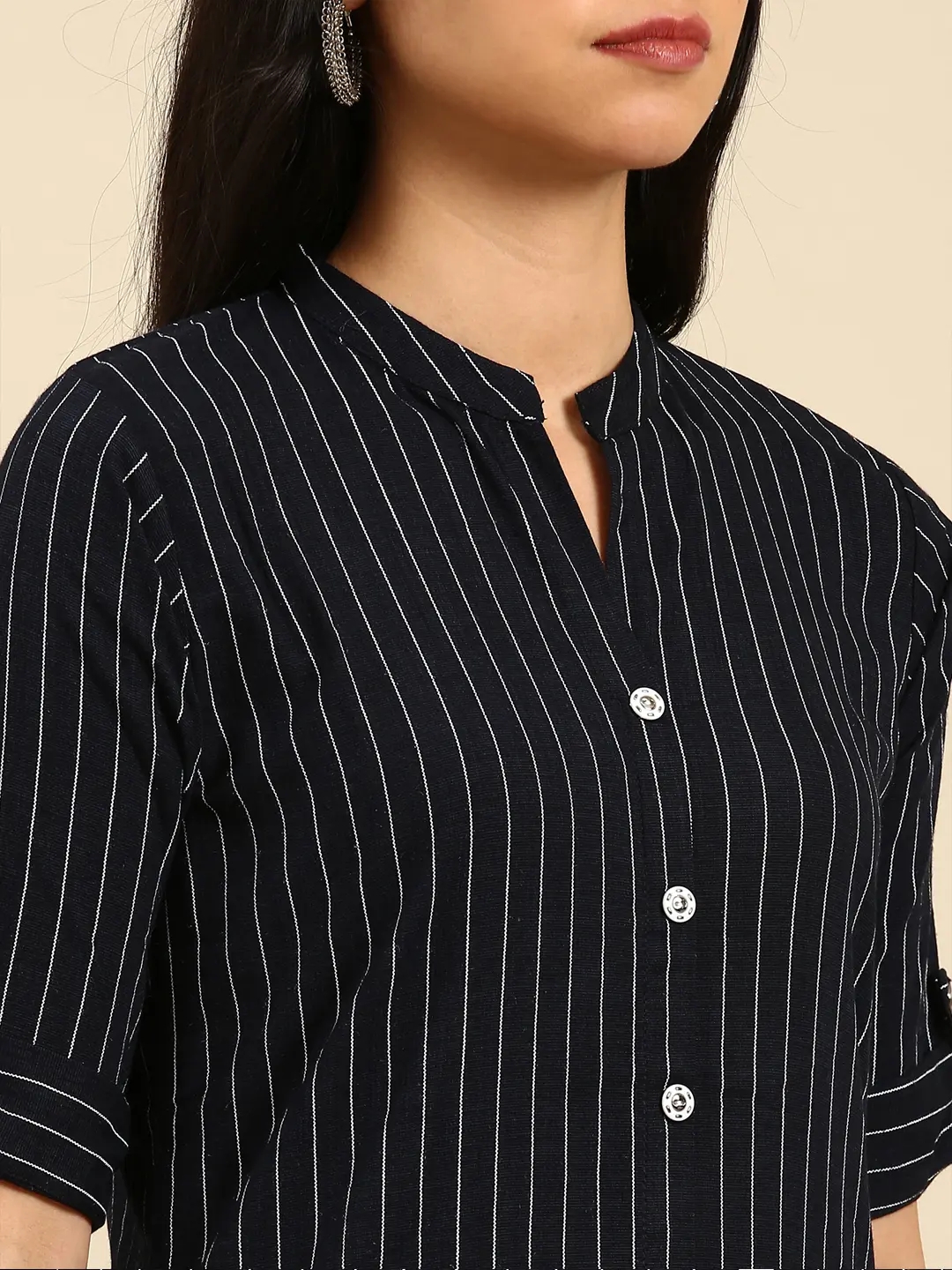 Showoff | SHOWOFF Women Navy Blue Striped Mandarin Collar Short Sleeves Mid Length Straight Kurta Set 6