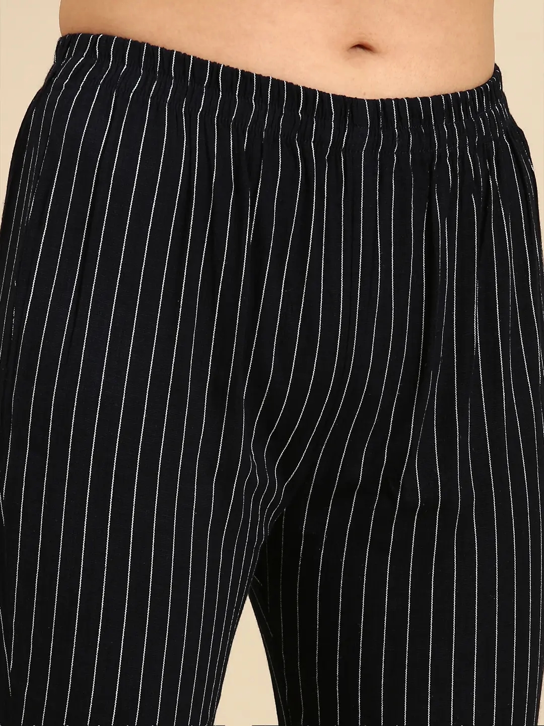 Showoff | SHOWOFF Women Navy Blue Striped Mandarin Collar Short Sleeves Mid Length Straight Kurta Set 7