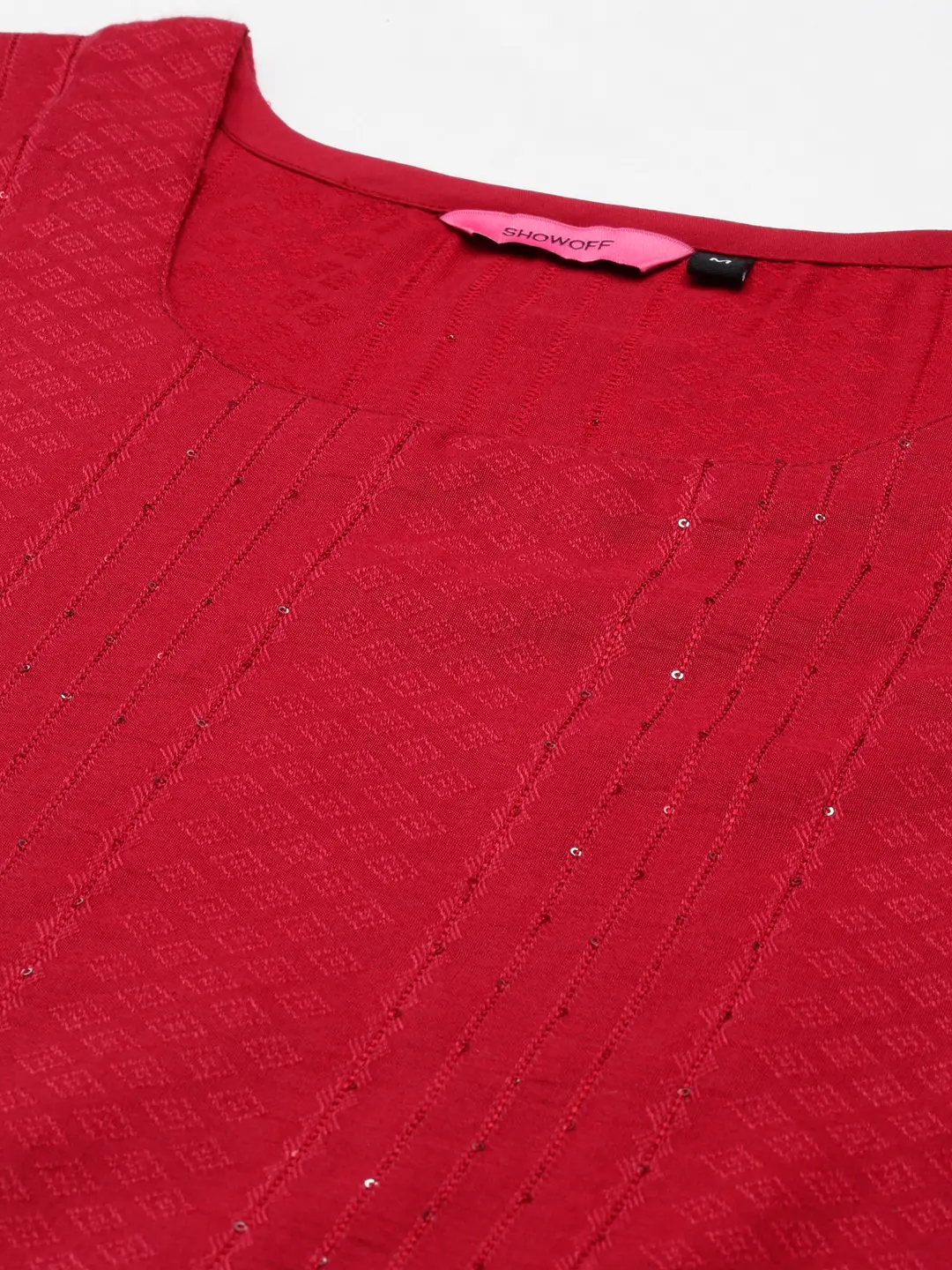 Showoff | SHOWOFF Women Magenta Woven Design  Round Neck Three-Quarter Sleeves Mid Length Straight Kurta Set 1