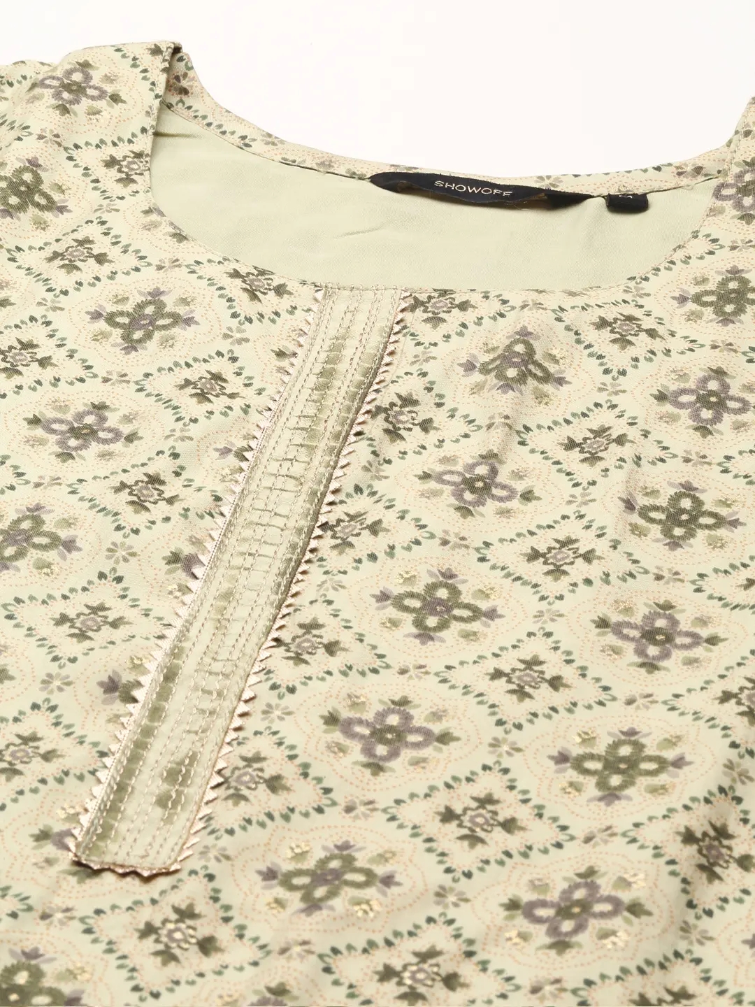 Showoff | SHOWOFF Women Olive Printed  Scoop Neck Three-Quarter Sleeves Mid Length Straight Kurta Set 1