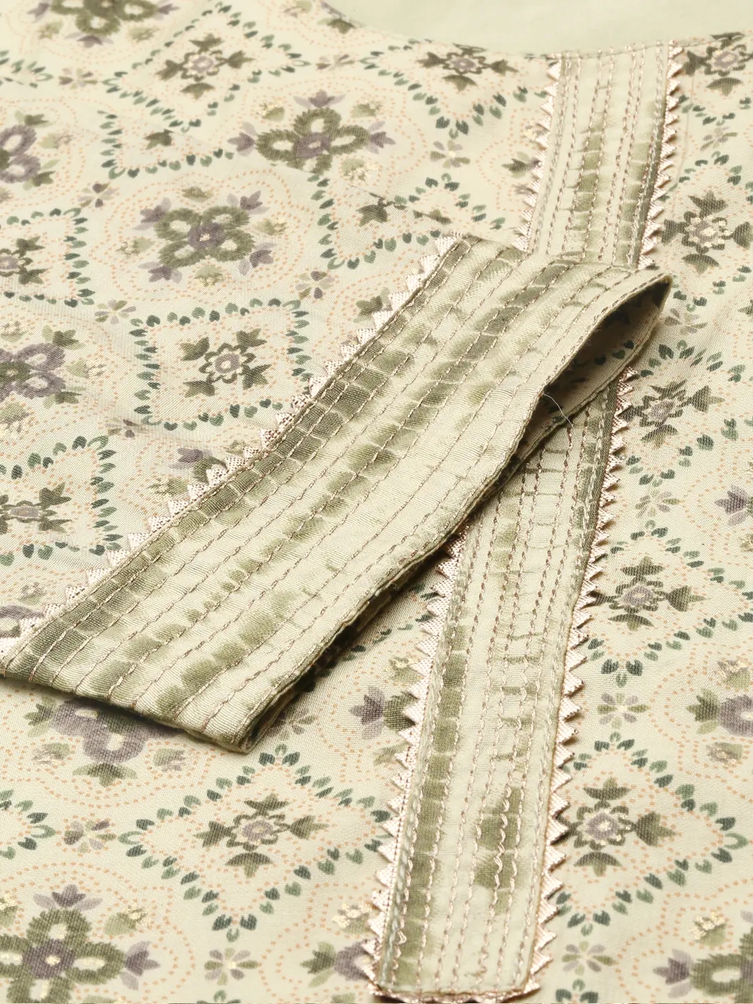 Showoff | SHOWOFF Women Olive Printed  Scoop Neck Three-Quarter Sleeves Mid Length Straight Kurta Set 2