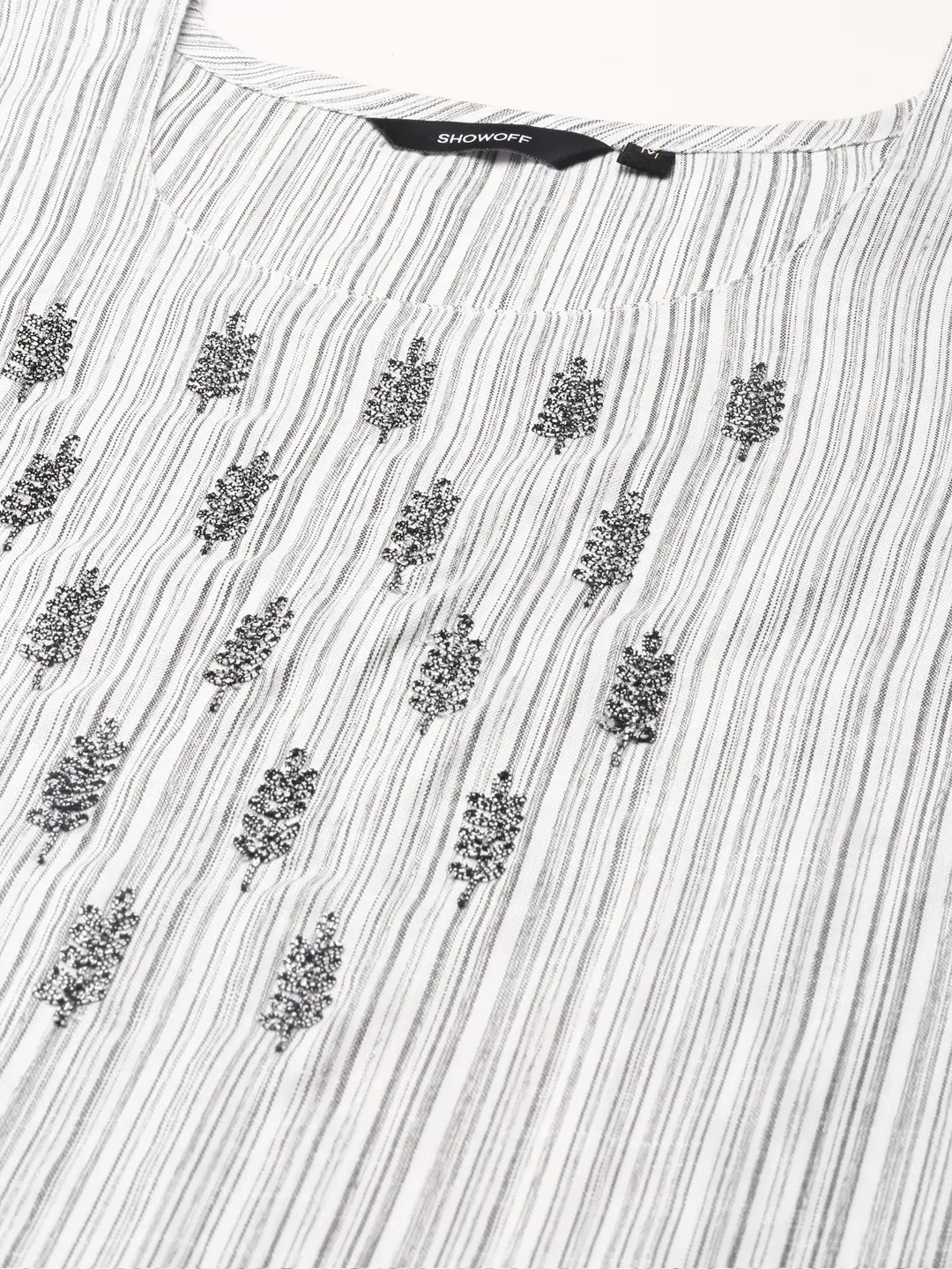 Showoff | SHOWOFF Women Grey Striped Scoop Neck Three-Quarter Sleeves Mid Length Straight Kurta Set 1