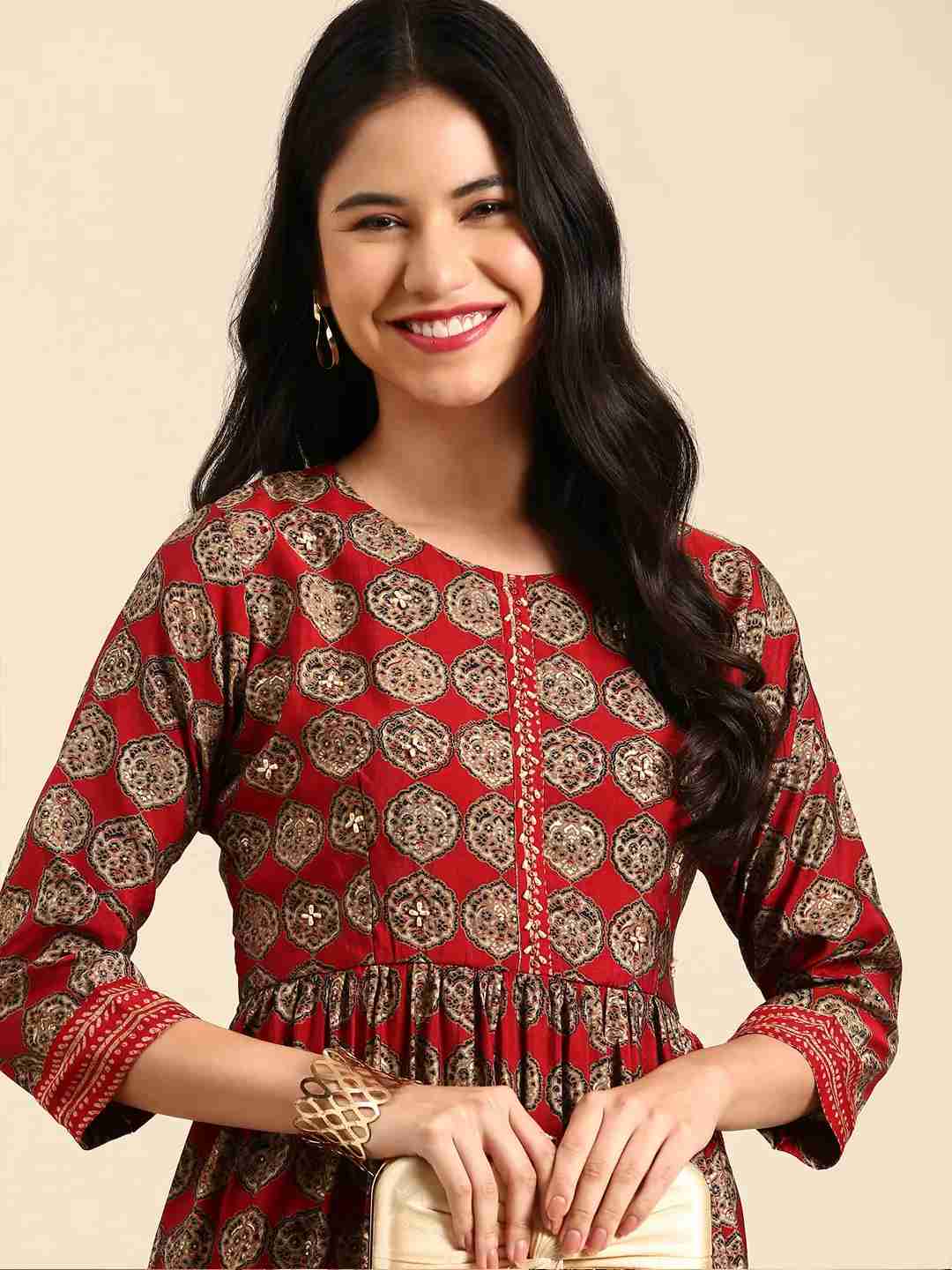 Showoff | SHOWOFF Women Maroon Printed  Scoop Neck Three-Quarter Sleeves Mid Length Anarkali Kurta Set 1