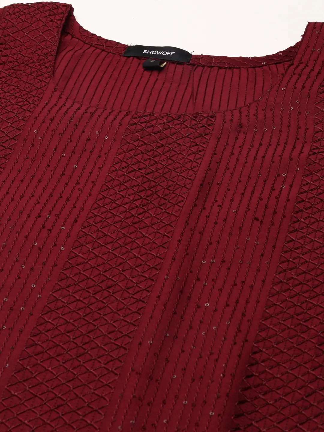 Showoff | SHOWOFF Women Burgundy Embroidered Scoop Neck Three-Quarter Sleeves Mid Length Straight Kurta Set 1