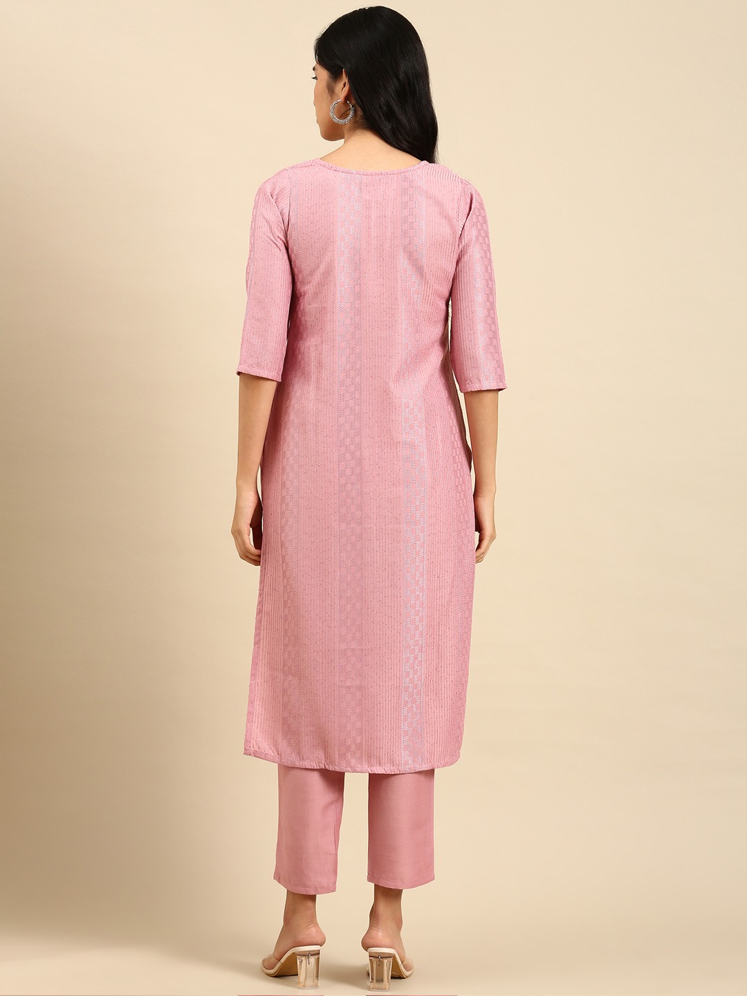 SHOWOFF Women Pink Embroidered Scoop Neck Three-Quarter Sleeves Mid Length Straight Kurta Set