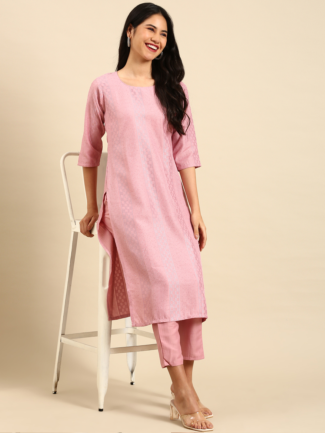 SHOWOFF Women Pink Embroidered Scoop Neck Three-Quarter Sleeves Mid Length Straight Kurta Set