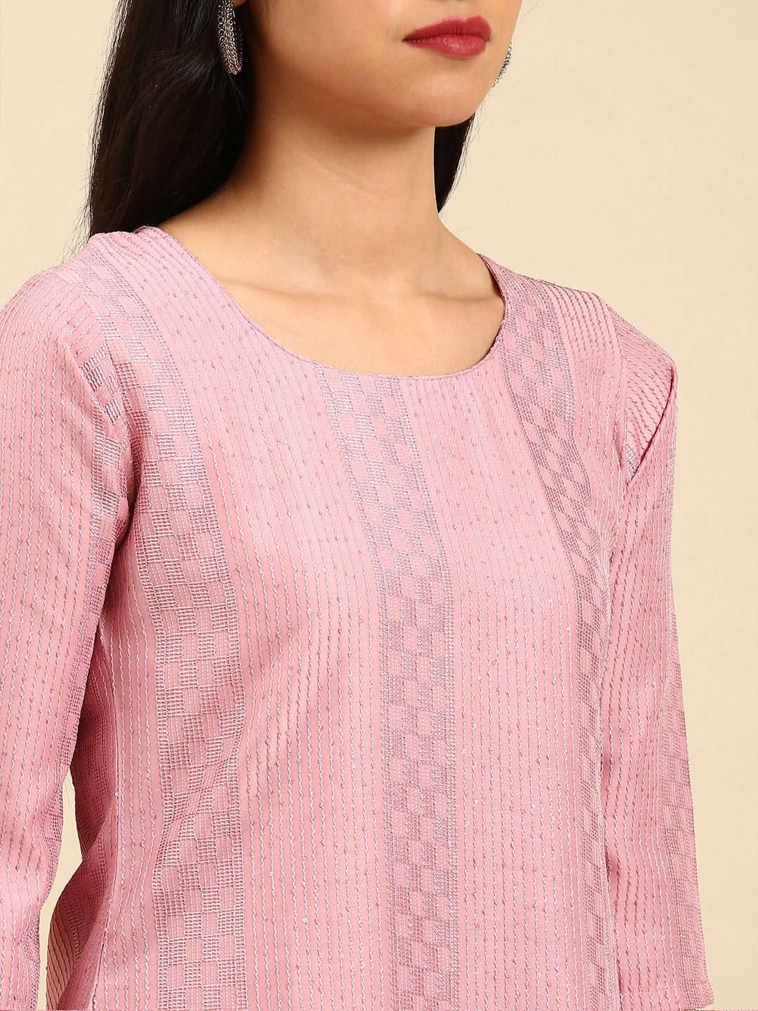 SHOWOFF Women Pink Embroidered Scoop Neck Three-Quarter Sleeves Mid Length Straight Kurta Set