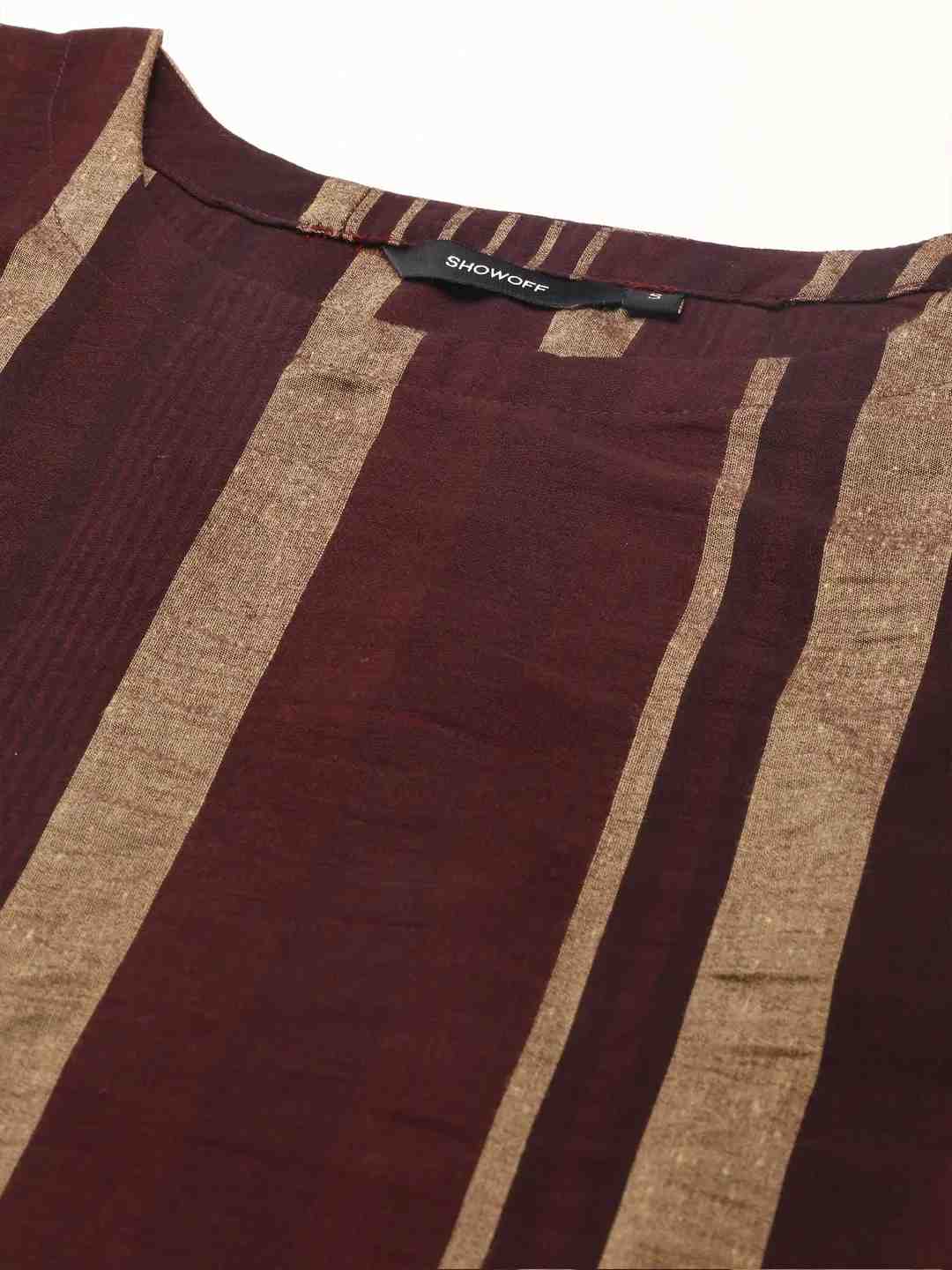 Showoff | SHOWOFF Women Coffee Brown Striped  Round Neck Sleeveless Mid Length Straight Kurta Set 1