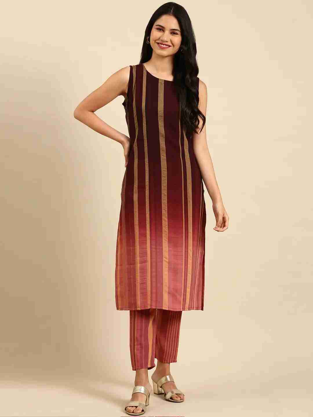 Showoff | SHOWOFF Women Coffee Brown Striped  Round Neck Sleeveless Mid Length Straight Kurta Set 2