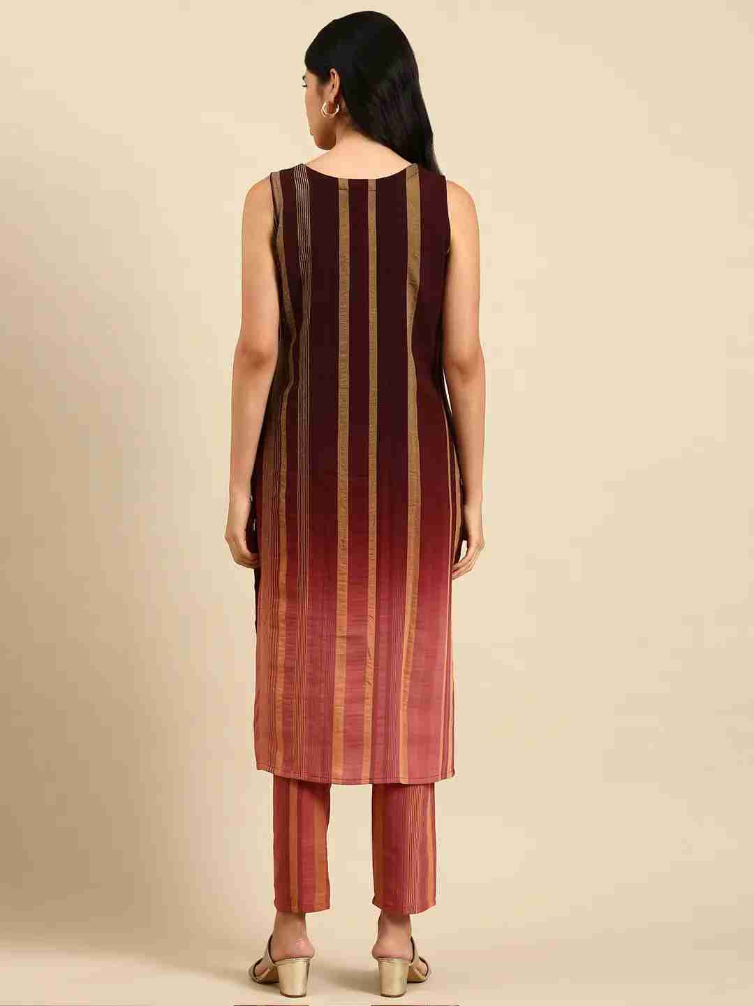 Showoff | SHOWOFF Women Coffee Brown Striped  Round Neck Sleeveless Mid Length Straight Kurta Set 3