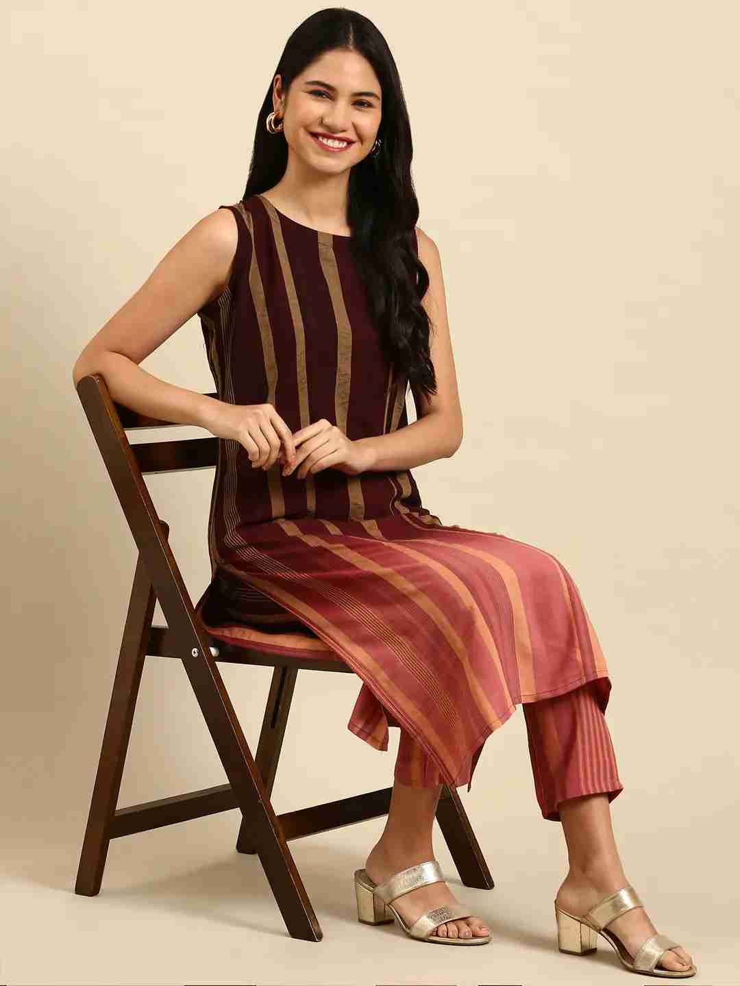 Showoff | SHOWOFF Women Coffee Brown Striped  Round Neck Sleeveless Mid Length Straight Kurta Set 4