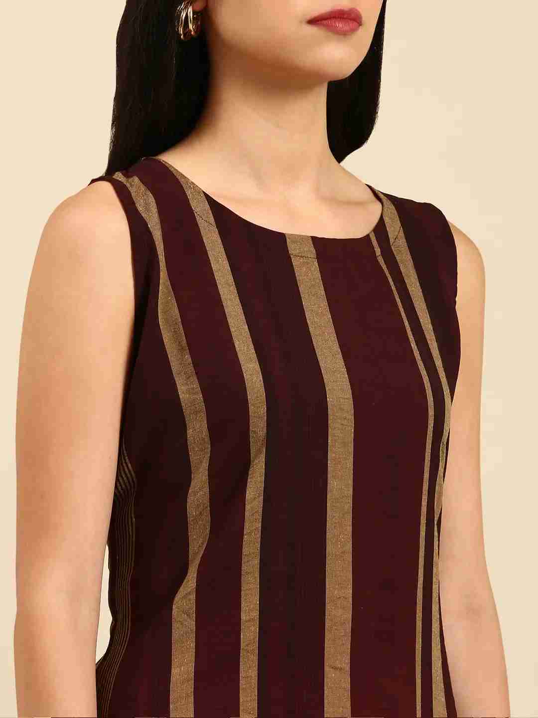 Showoff | SHOWOFF Women Coffee Brown Striped  Round Neck Sleeveless Mid Length Straight Kurta Set 5