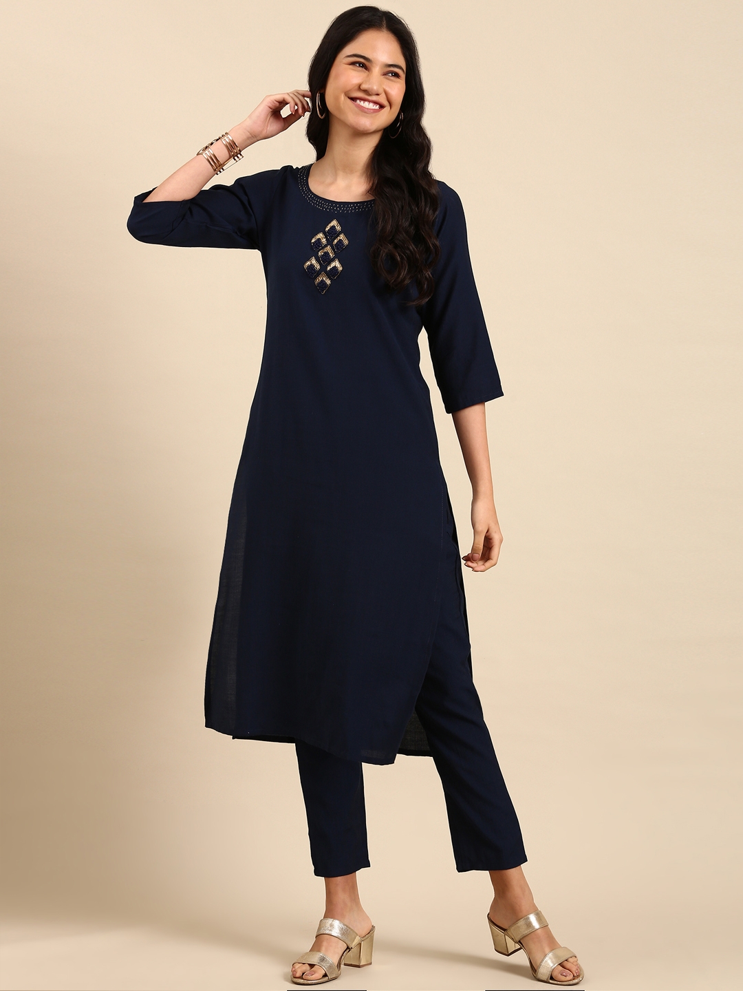 Showoff | SHOWOFF Women Navy Blue Embroidered  Scoop Neck Three-Quarter Sleeves Mid Length Straight Kurta Set 2