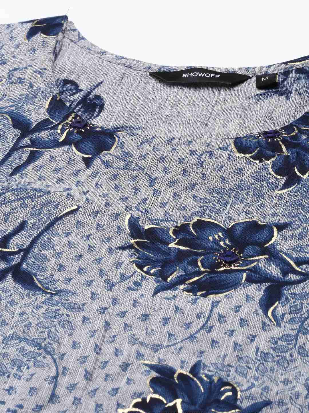 SHOWOFF Women Grey Printed Scoop Neck Three-Quarter Sleeves Mid Length Straight Kurta Set