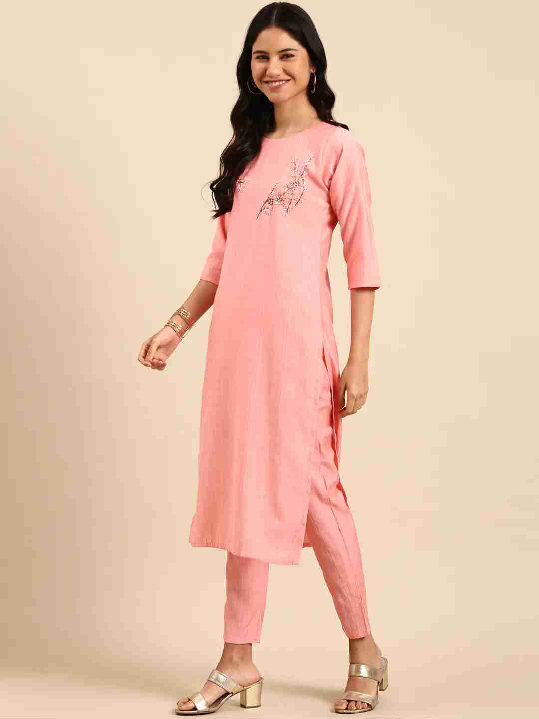 SHOWOFF Women Peach Solid Round Neck Three-Quarter Sleeves Mid Length Straight Kurta Set