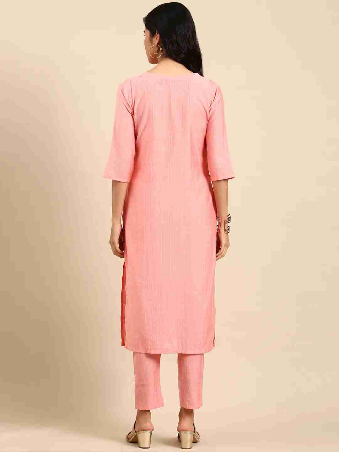 SHOWOFF Women Peach Solid Round Neck Three-Quarter Sleeves Mid Length Straight Kurta Set