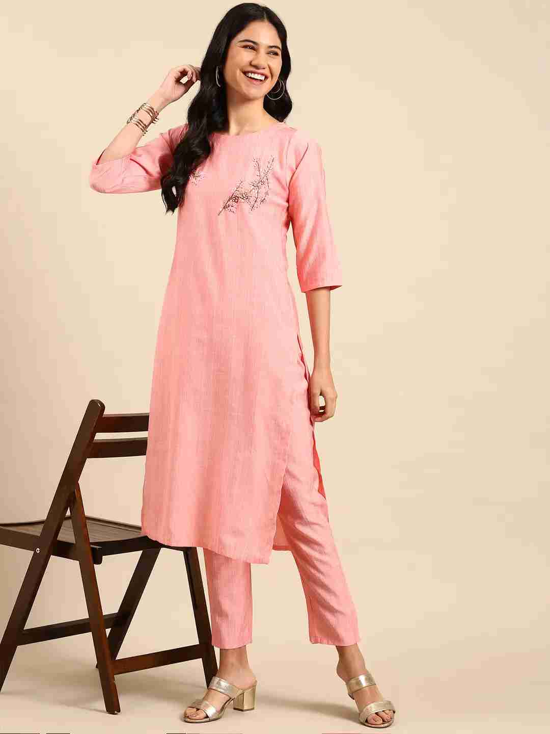 SHOWOFF Women Peach Solid Round Neck Three-Quarter Sleeves Mid Length Straight Kurta Set
