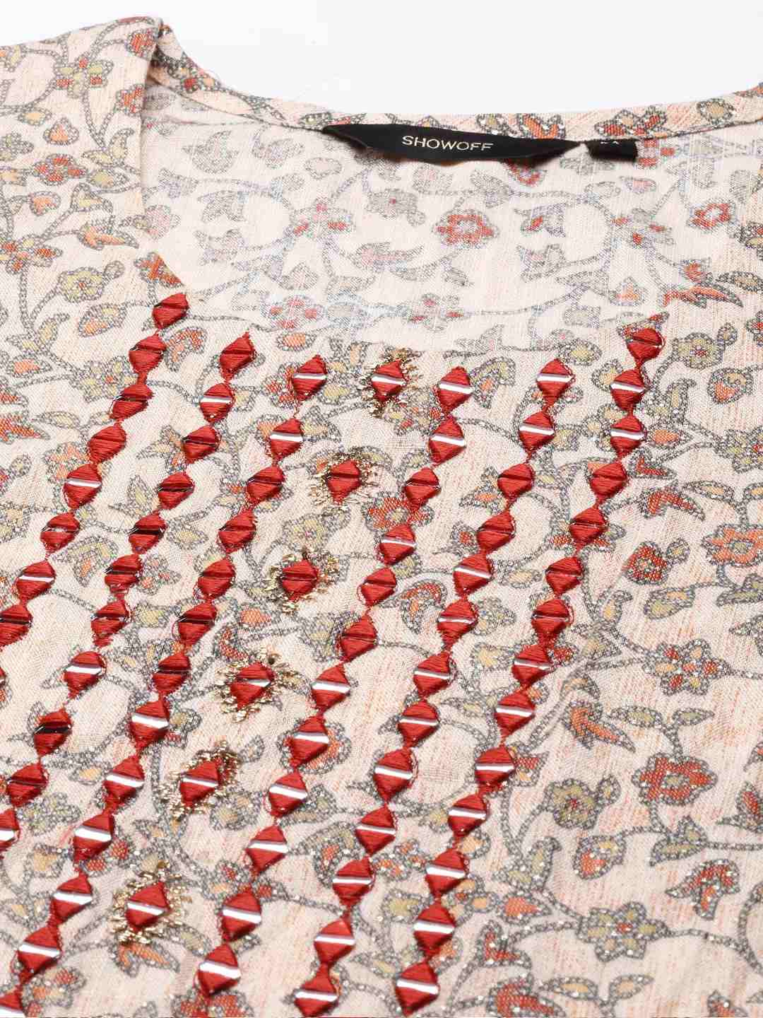 SHOWOFF Women Peach Printed Scoop Neck Three-Quarter Sleeves Mid Length Straight Kurta Set