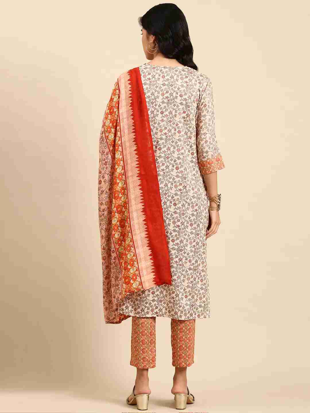 SHOWOFF Women Peach Printed Scoop Neck Three-Quarter Sleeves Mid Length Straight Kurta Set