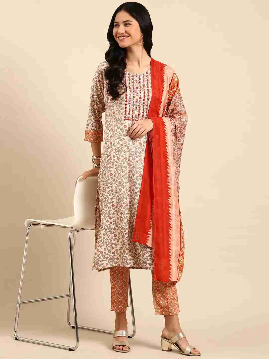 SHOWOFF Women Peach Printed Scoop Neck Three-Quarter Sleeves Mid Length Straight Kurta Set
