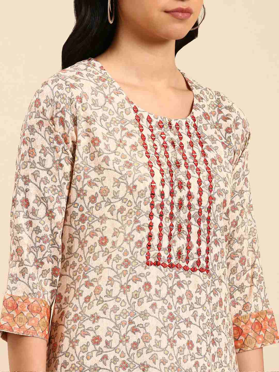 SHOWOFF Women Peach Printed Scoop Neck Three-Quarter Sleeves Mid Length Straight Kurta Set