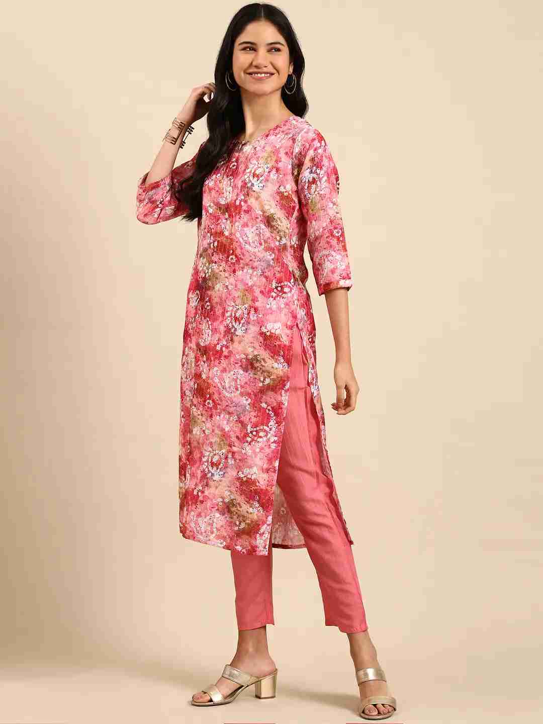 SHOWOFF Women Pink Dyed  Scoop Neck Three-Quarter Sleeves Mid Length Straight Kurta Set
