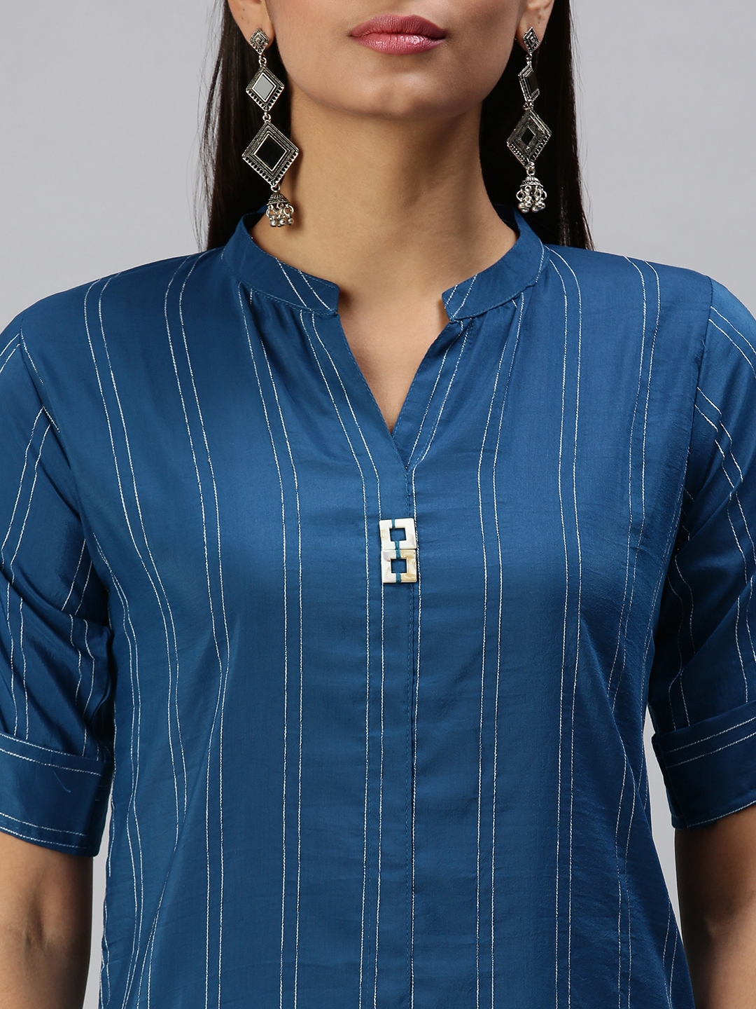 Showoff | SHOWOFF Women's Casual Mandarin Collar Blue Straight Kurta 5