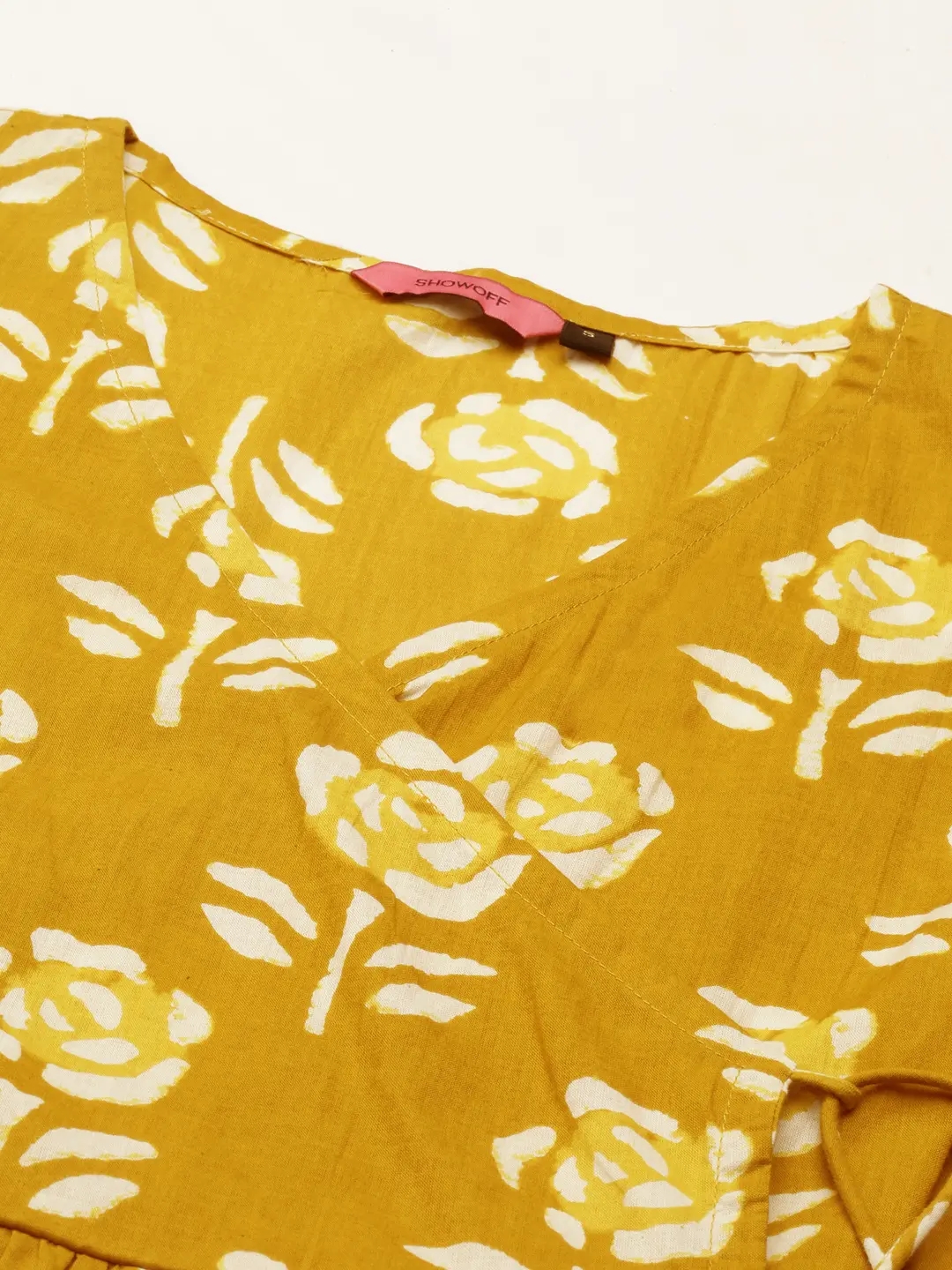 Showoff | SHOWOFF Women Mustard Floral V Neck Three-Quarter Sleeves Mid Length A-Line Kurta 1