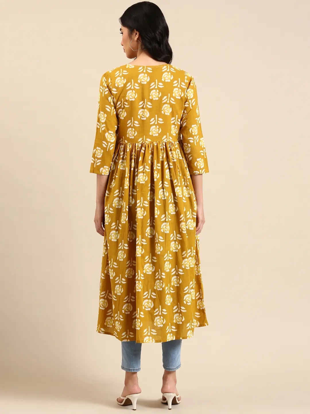 Showoff | SHOWOFF Women Mustard Floral V Neck Three-Quarter Sleeves Mid Length A-Line Kurta 3