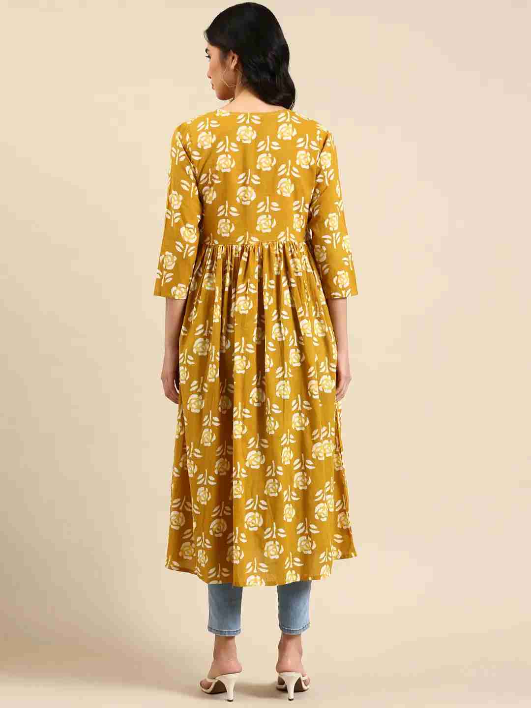 SHOWOFF Women Mustard Floral V Neck Three-Quarter Sleeves Mid Length A-Line Kurta