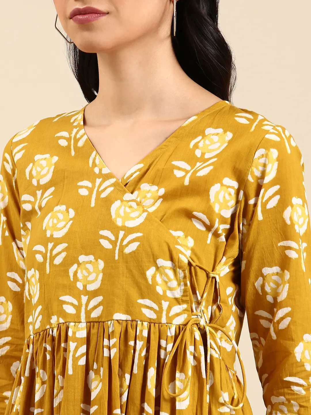 Showoff | SHOWOFF Women Mustard Floral V Neck Three-Quarter Sleeves Mid Length A-Line Kurta 5