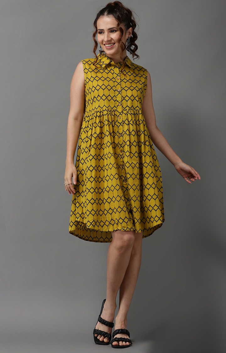 Showoff | SHOWOFF Women Yellow Printed Shirt Collar Sleeveless Knee length A-Line Dress 0