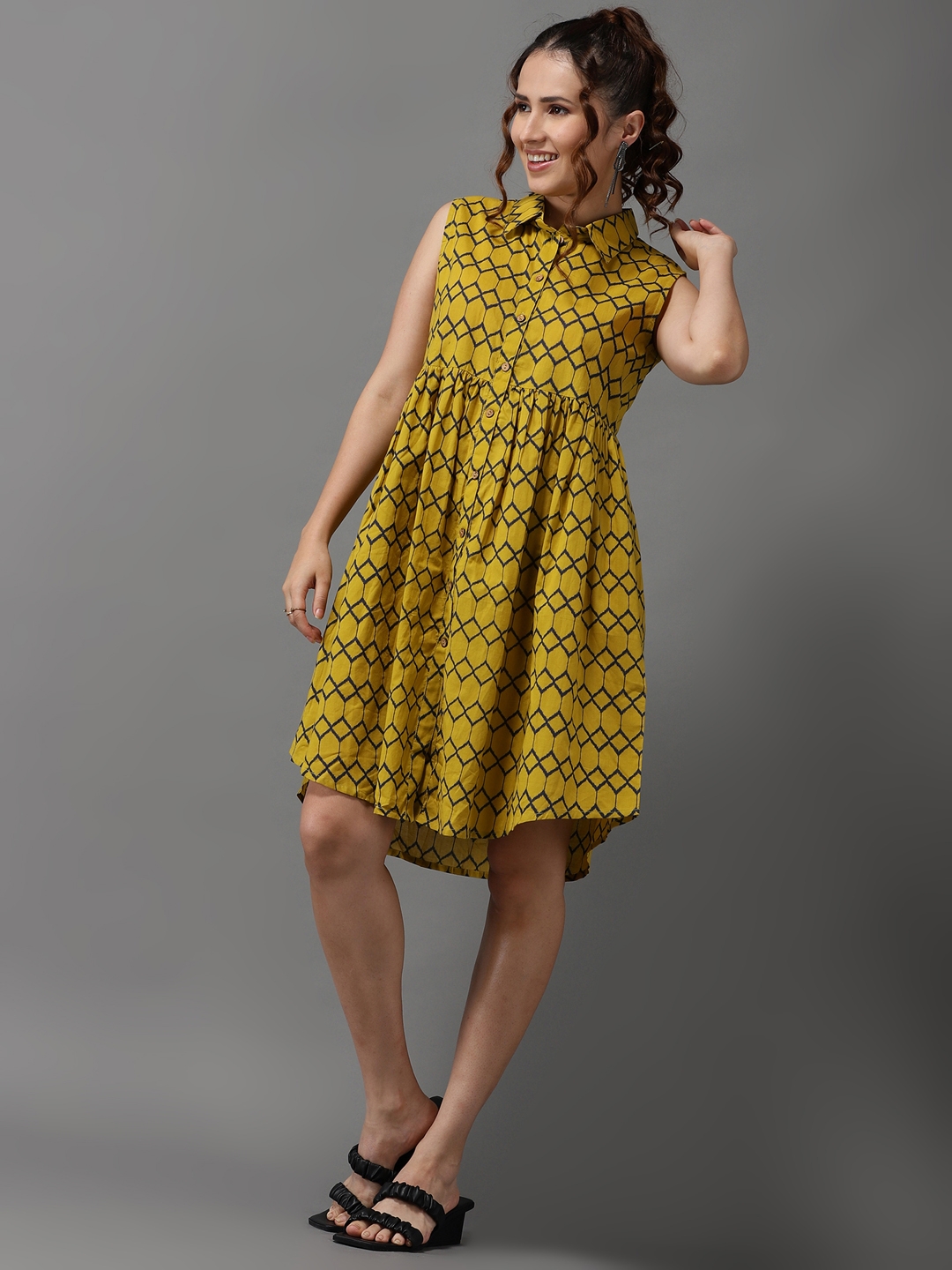 Showoff | SHOWOFF Women Yellow Printed Shirt Collar Sleeveless Knee length A-Line Dress 1