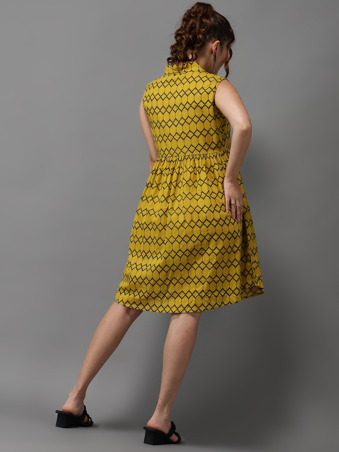 Showoff | SHOWOFF Women Yellow Printed Shirt Collar Sleeveless Knee length A-Line Dress 2