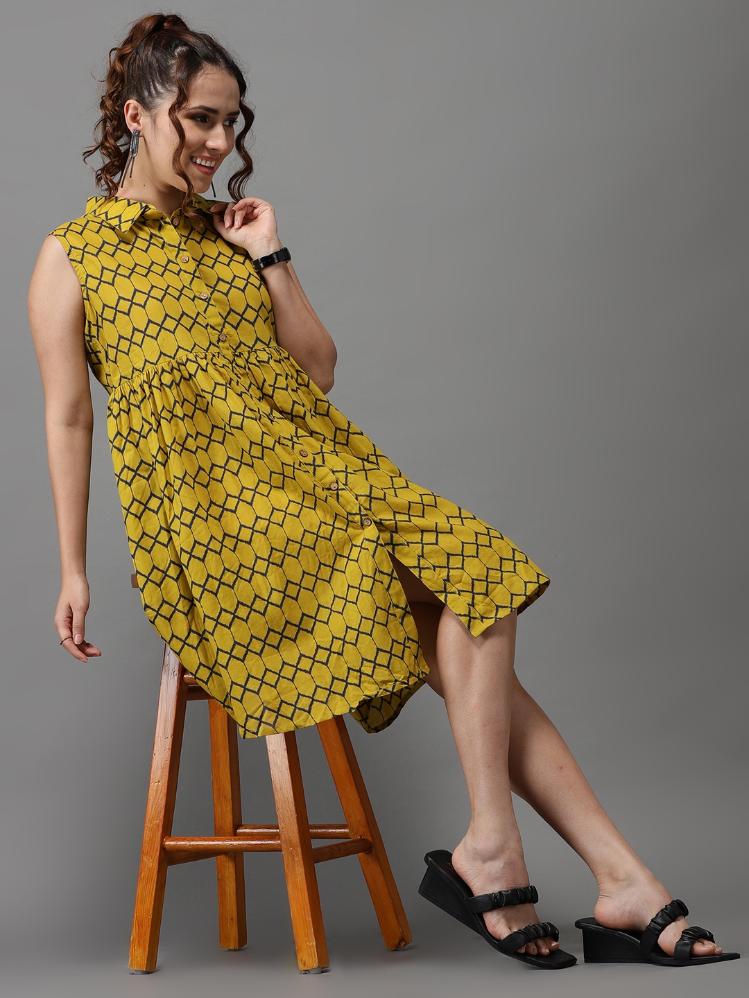 Showoff | SHOWOFF Women Yellow Printed Shirt Collar Sleeveless Knee length A-Line Dress 3