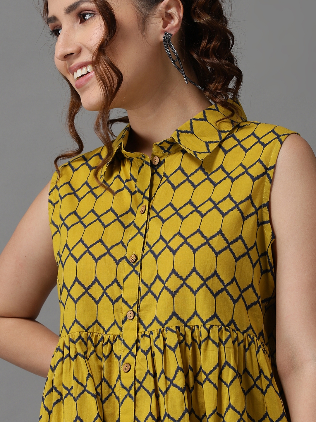 Showoff | SHOWOFF Women Yellow Printed Shirt Collar Sleeveless Knee length A-Line Dress 4