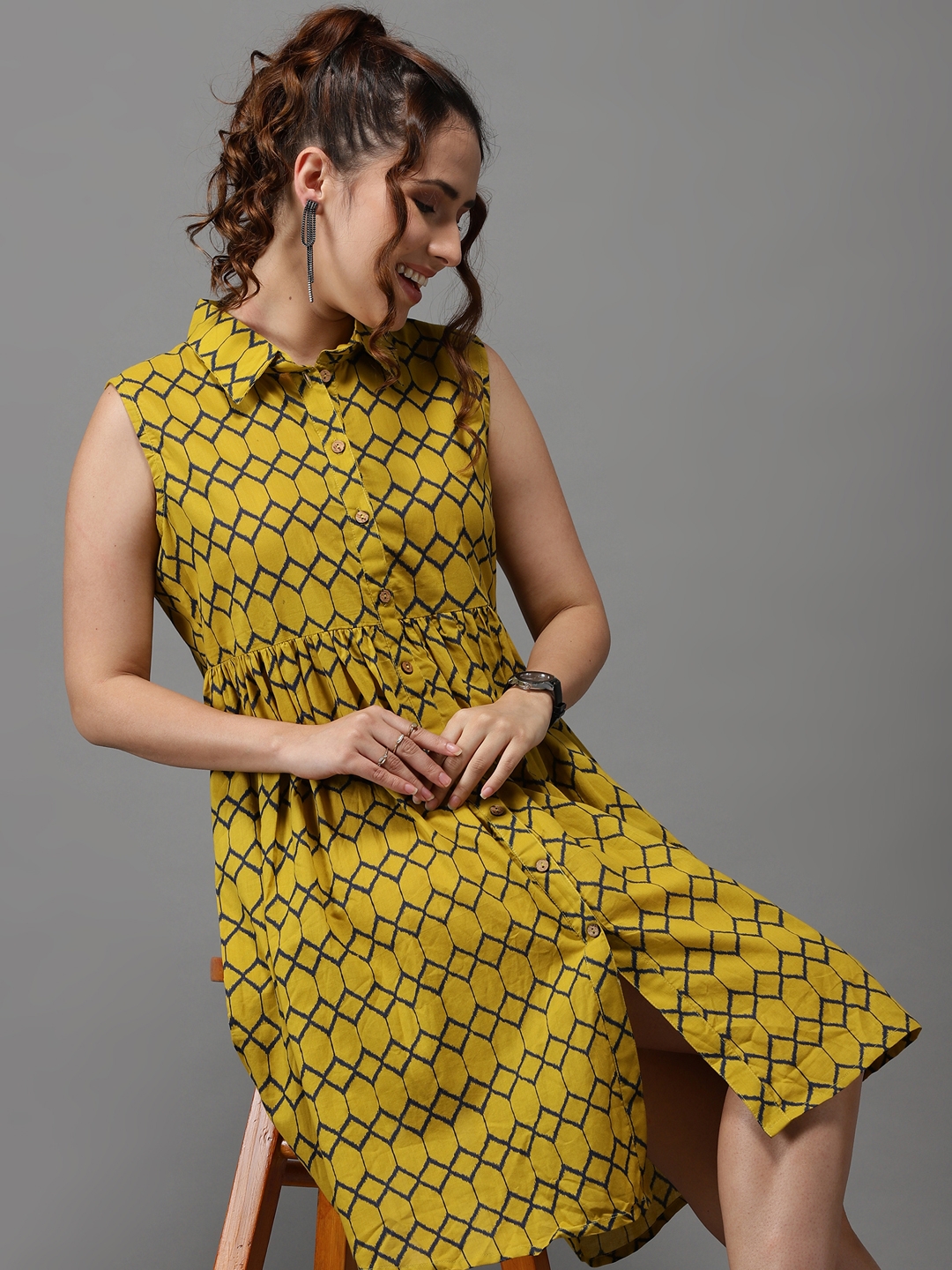 Showoff | SHOWOFF Women Yellow Printed Shirt Collar Sleeveless Knee length A-Line Dress 5