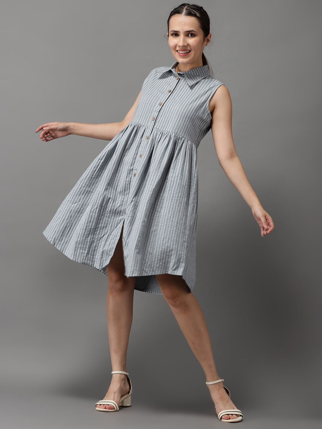 Showoff | SHOWOFF Women Grey Printed Shirt Collar Sleeveless Knee length A-Line Dress 1
