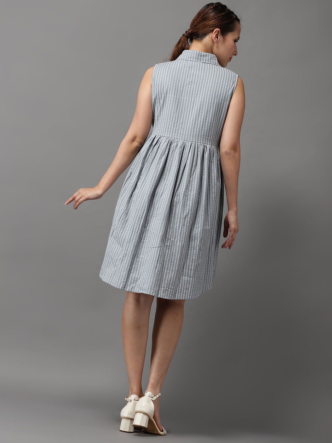 Showoff | SHOWOFF Women Grey Printed Shirt Collar Sleeveless Knee length A-Line Dress 2