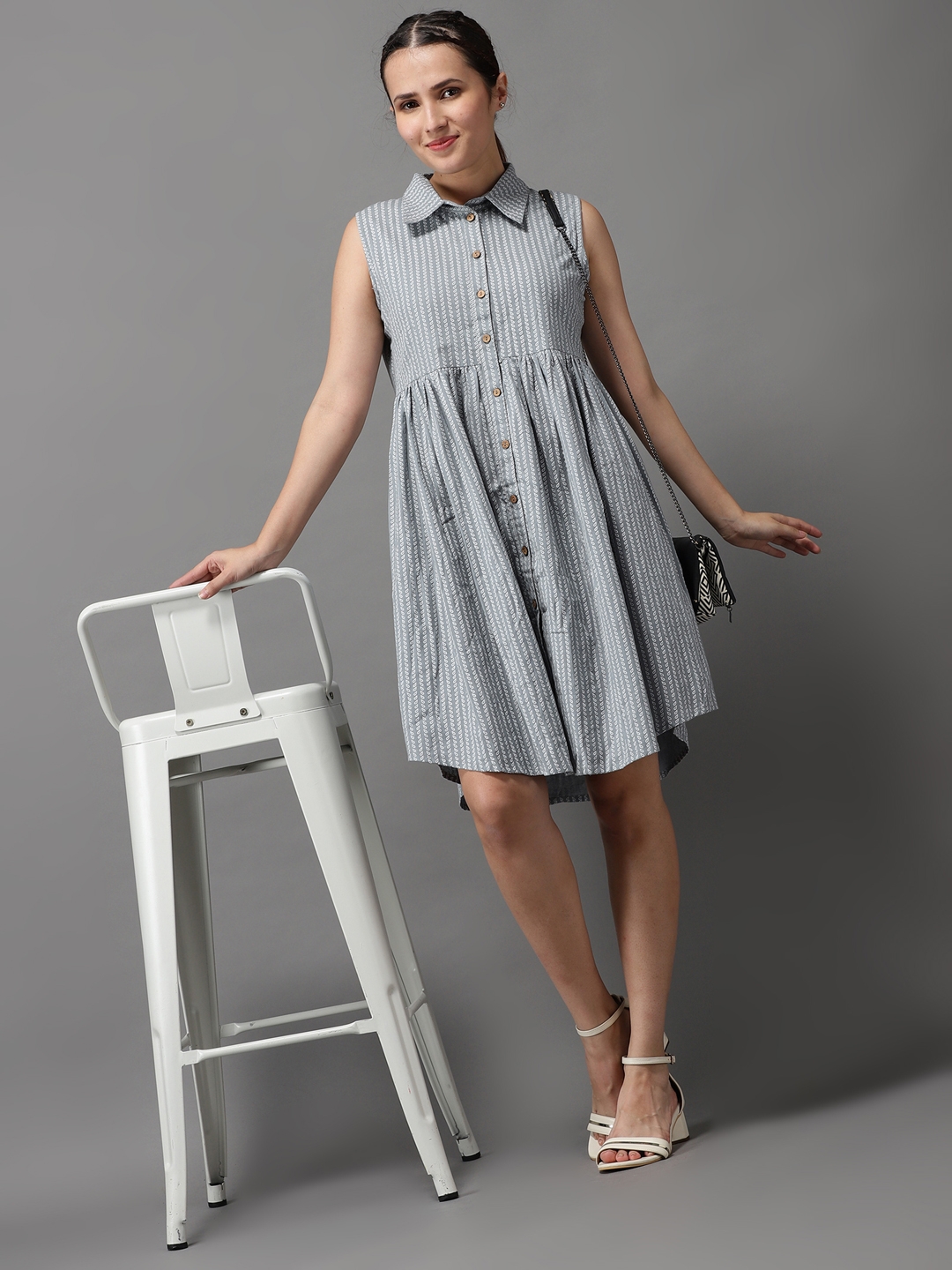 Showoff | SHOWOFF Women Grey Printed Shirt Collar Sleeveless Knee length A-Line Dress 3