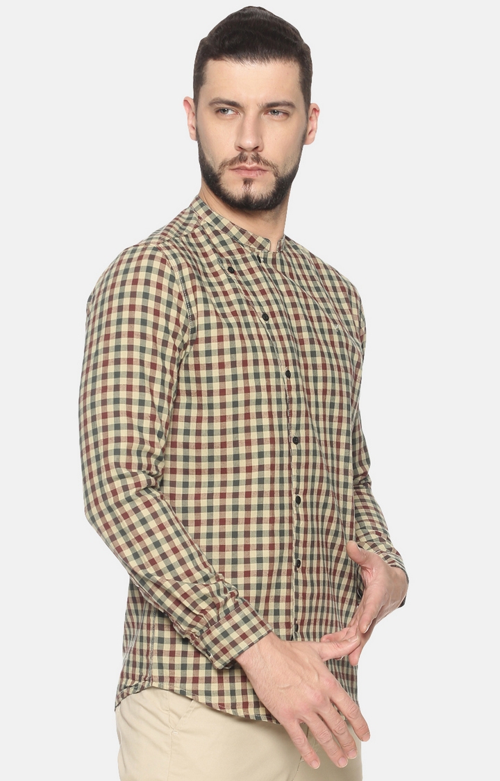 Showoff | SHOWOFF Men Green Checked Mandarin Collar Full Sleeves Slim Fit Casual Shirt 0