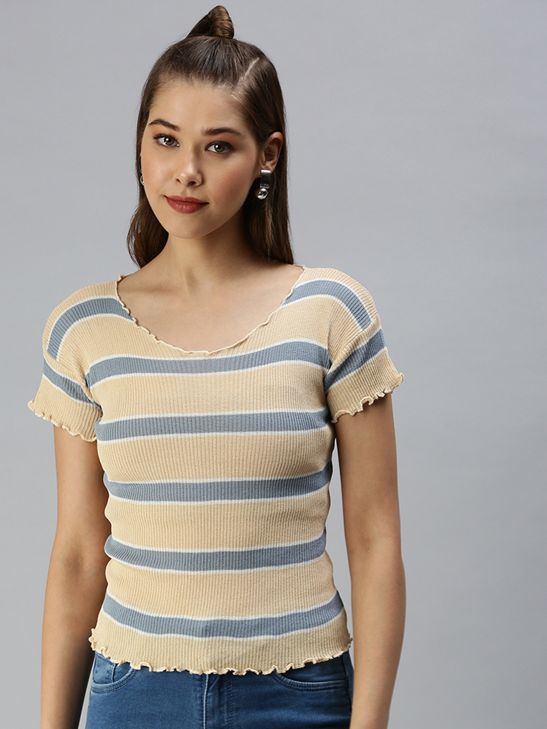 SHOWOFF Women Beige Striped V Neck Short Sleeves Regular Fitted Top