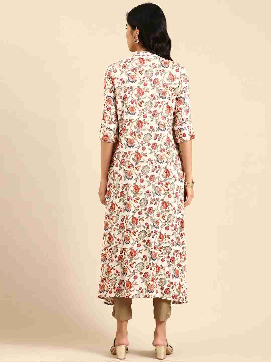 SHOWOFF Women Off White Floral Mandarin Collar Three-Quarter Sleeves Ankle Length Anarkali Kurta