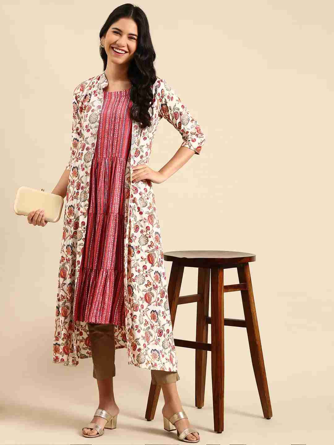 SHOWOFF Women Off White Floral Mandarin Collar Three-Quarter Sleeves Ankle Length Anarkali Kurta