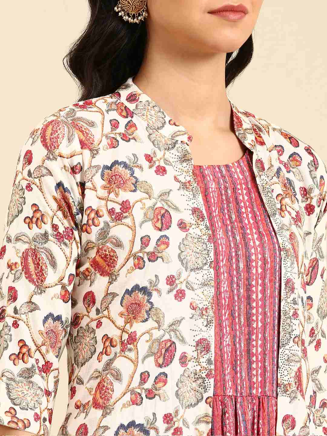 SHOWOFF Women Off White Floral Mandarin Collar Three-Quarter Sleeves Ankle Length Anarkali Kurta