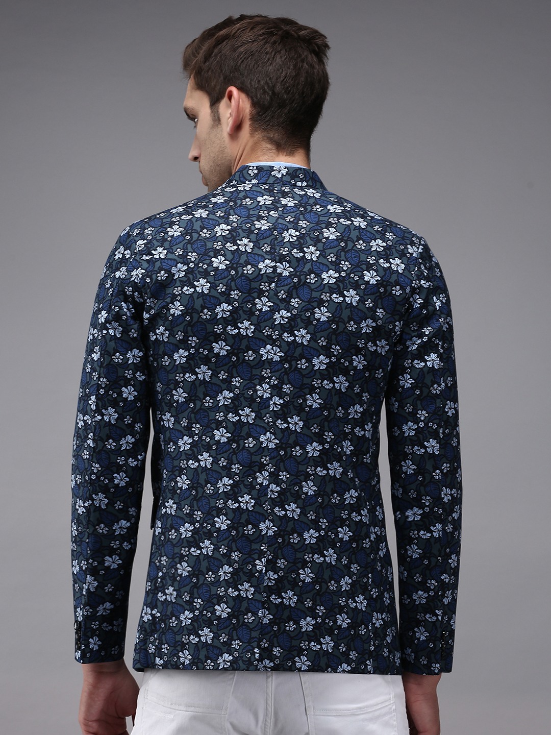 SHOWOFF Men Grey Printed  Mandarin Collar Full Sleeves Open Front Blazer