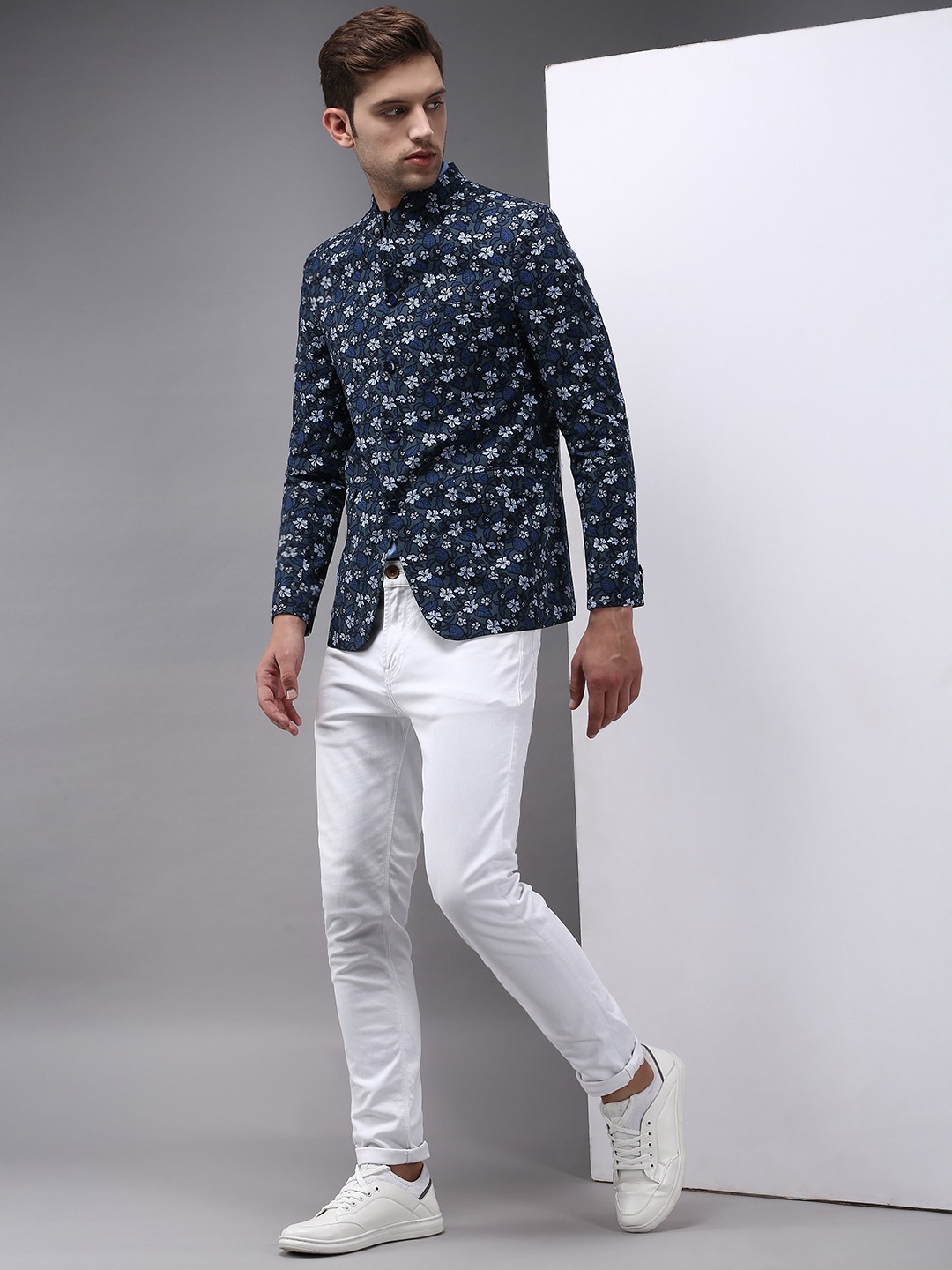 SHOWOFF Men Grey Printed  Mandarin Collar Full Sleeves Open Front Blazer