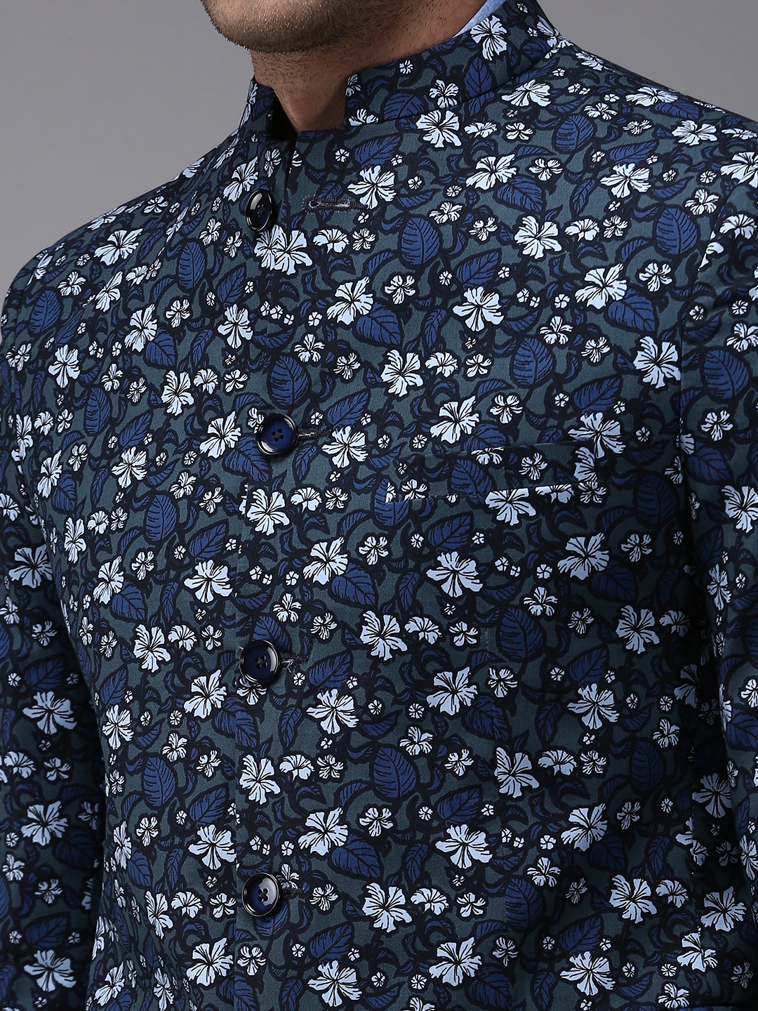 SHOWOFF Men Grey Printed  Mandarin Collar Full Sleeves Open Front Blazer