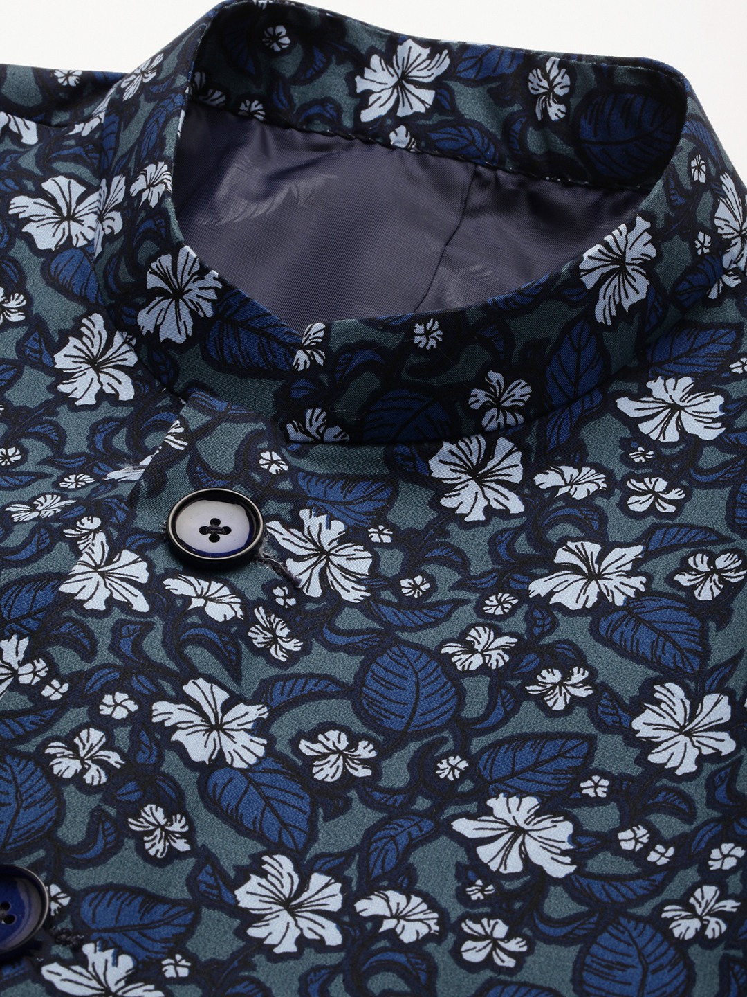 SHOWOFF Men Grey Printed  Mandarin Collar Full Sleeves Open Front Blazer